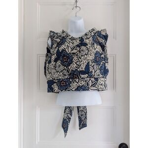 Sezane Danie Blouse African Jacquard Blue Floral Open Back Tie Top Size 38 NWT